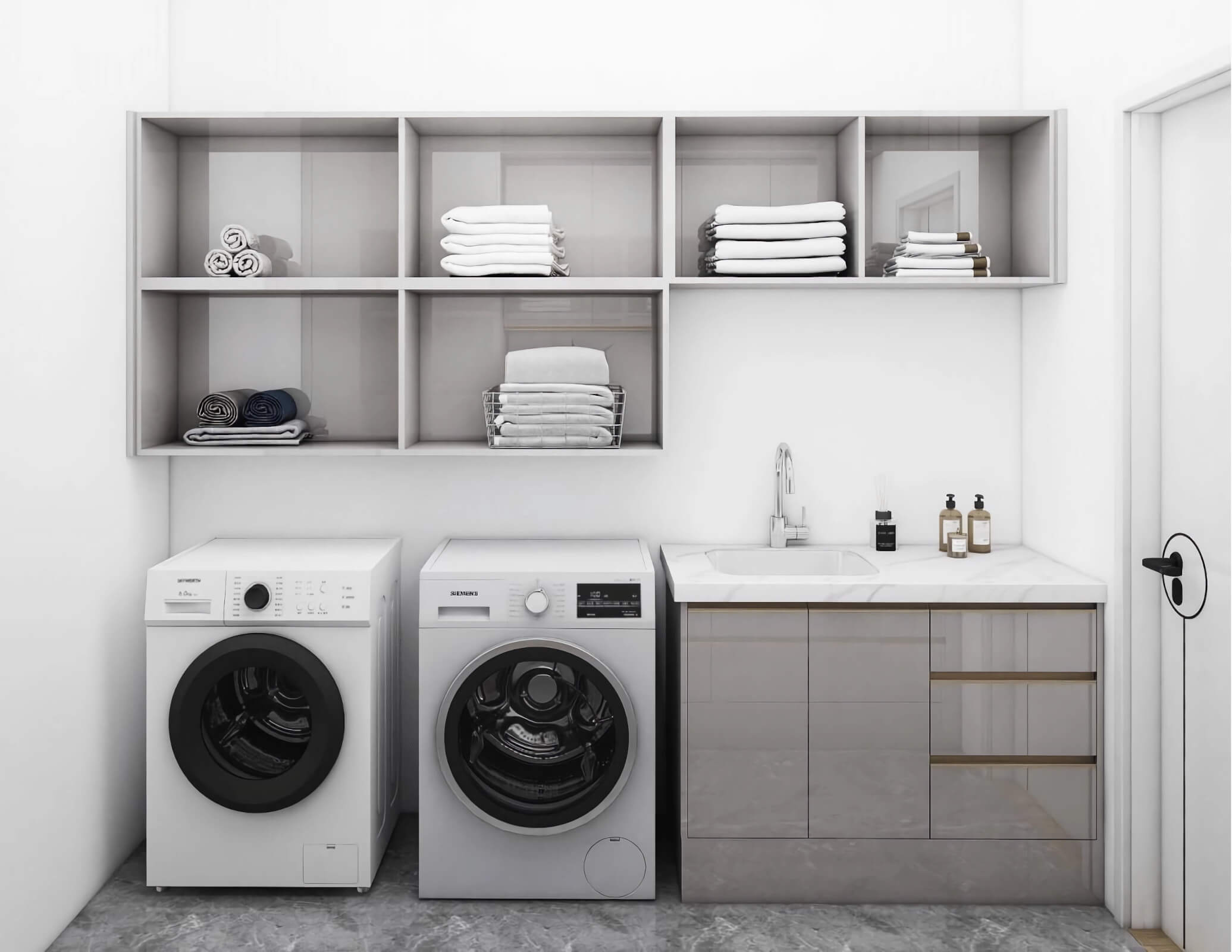 Bathroom vanity cabinetry with a white countertop