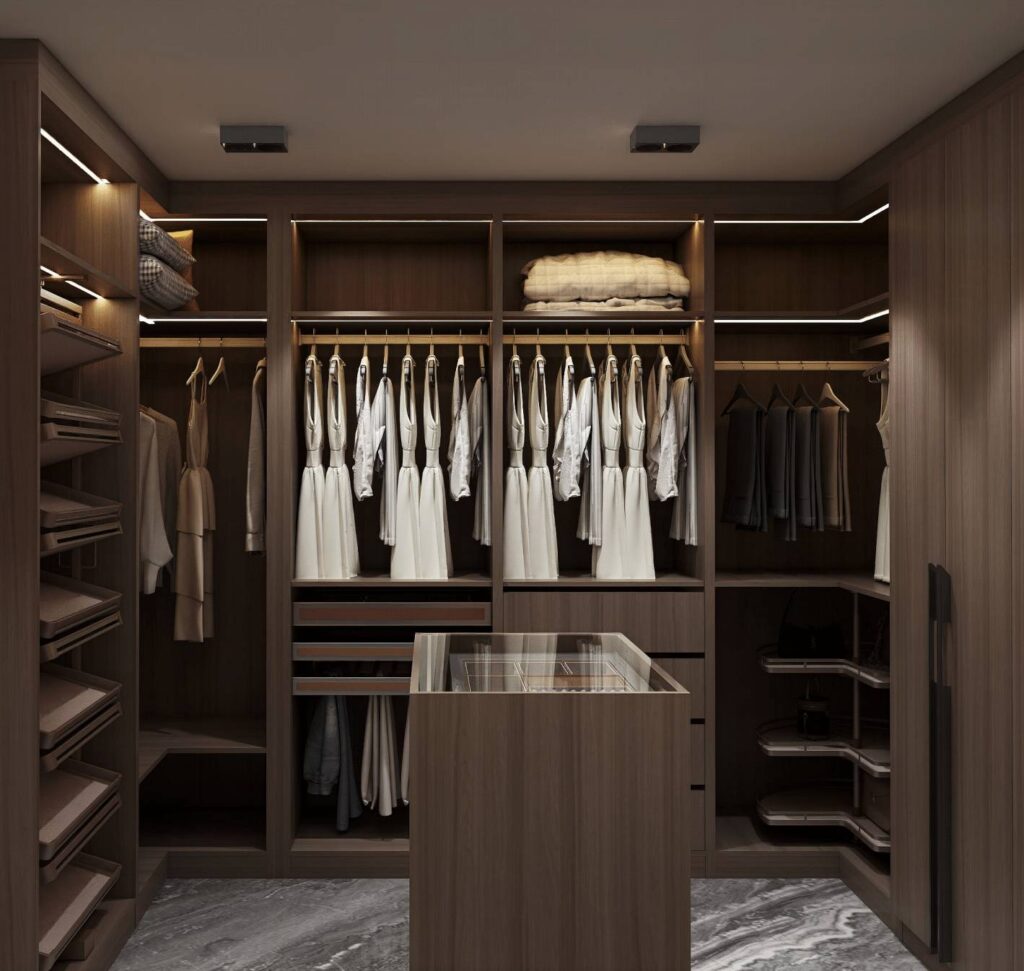 Custom closet cabinetry with storage shelves