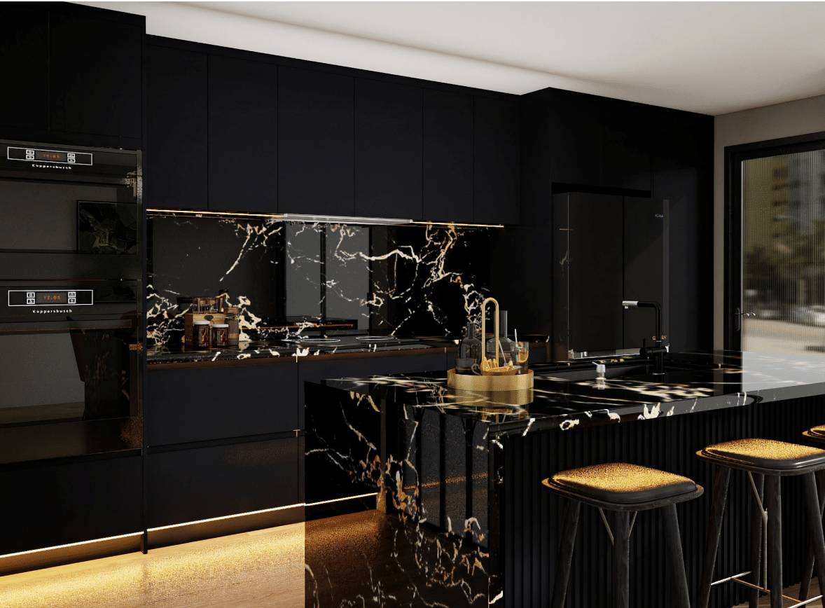 Warm modern kitchen with natural wood cabinetry