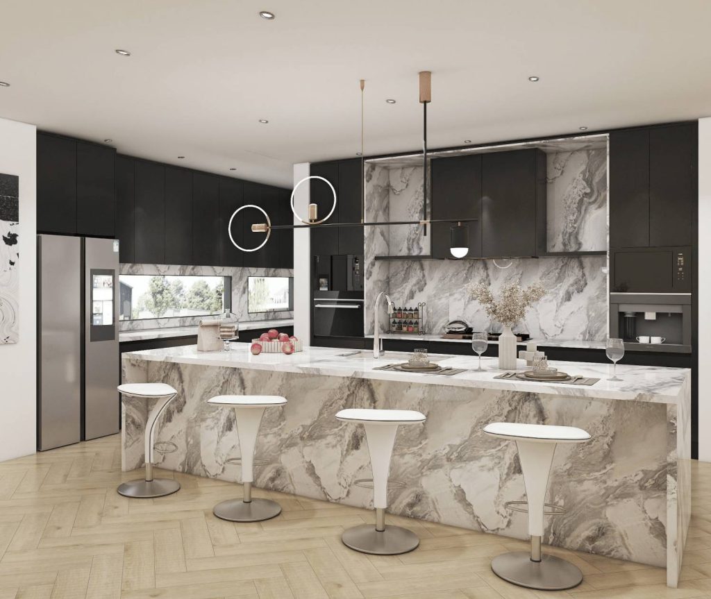 Kitchen with a large island and light cabinetry
