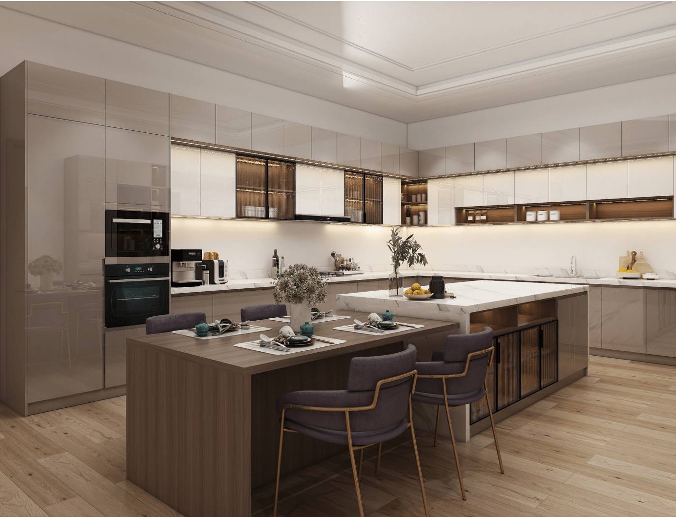 Kitchen with taupe cabinetry and a warm wood floor