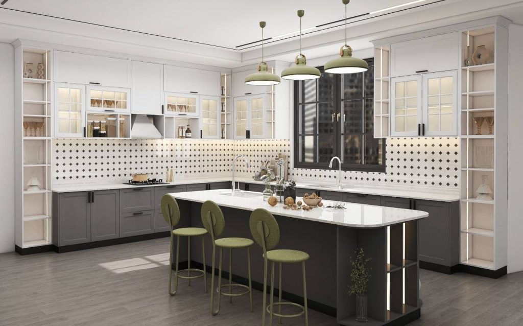 Modern kitchen with light cabinetry and an island